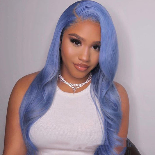 Perruque Lace Front – Cheveux Longs Lisses Bleu Pastel