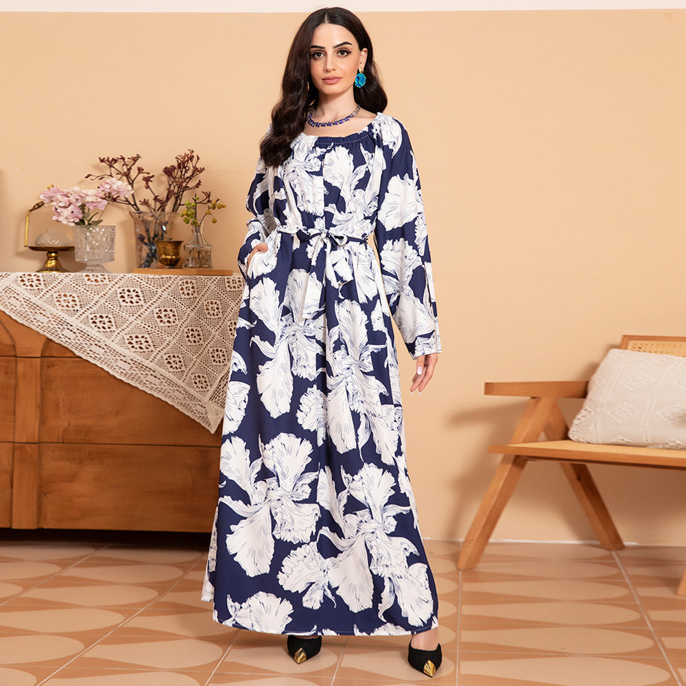 Robe Longue Fleurie Chic - Manches Évasées & Ceinture Contrastante | Printemps 2025