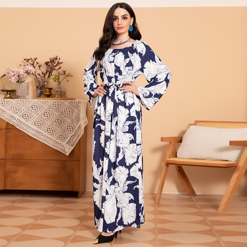 Robe Longue Fleurie Chic - Manches Évasées & Ceinture Contrastante | Printemps 2025