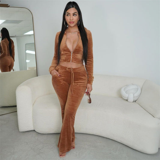 Ensemble velours femme 2 pièces – crop zippé + pantalon flare, look Y2K tendance 2025