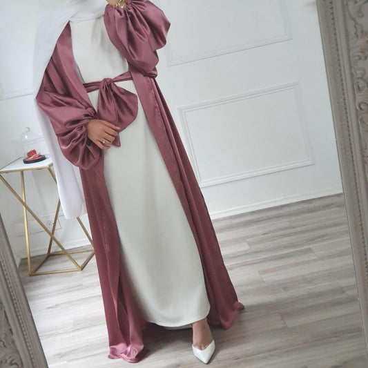 ABAYA SATINÉE ROSE POUDRÉ & BLANCHE