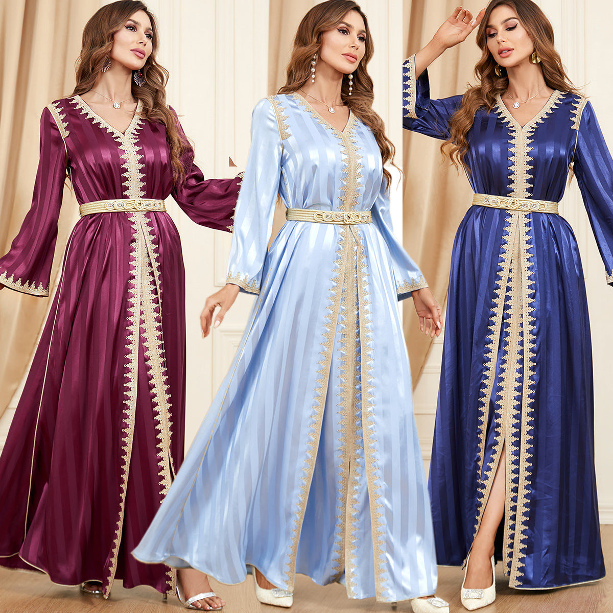 Caftan satiné brodé doré – Élégance et brillance pour soirées & cérémonies