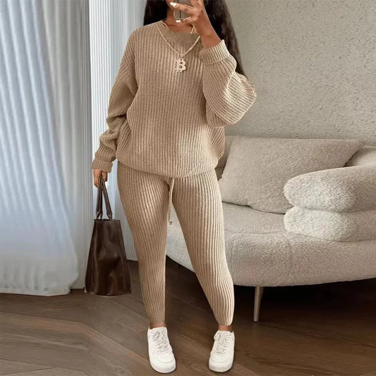 Winter Two Piece Sets Women Clothing Autumn Fashion Casual Solid Round Neck Pullover Loose Pit Knitted Sweater Pants Suits