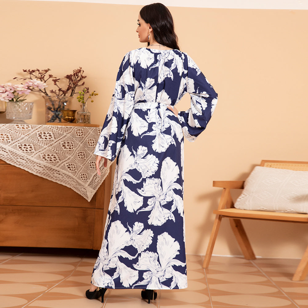 Robe Longue Fleurie Chic - Manches Évasées & Ceinture Contrastante | Printemps 2025