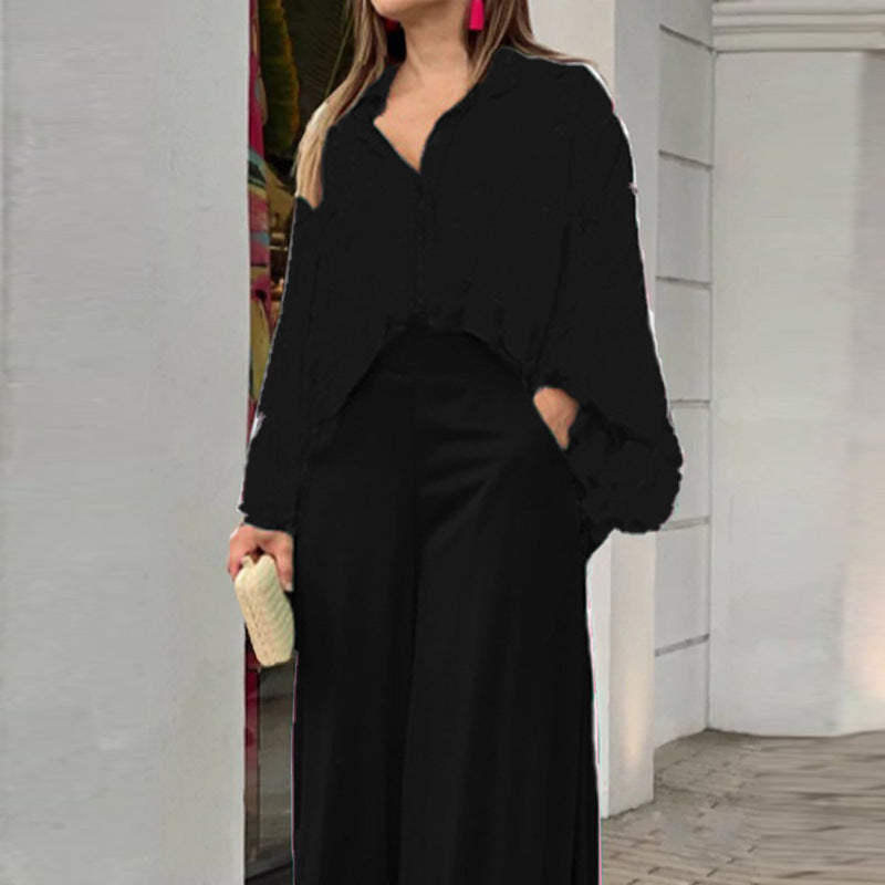 Ensemble Femme Élégant – Chemise Fluide Imprimée + Pantalon Large Haute Taille