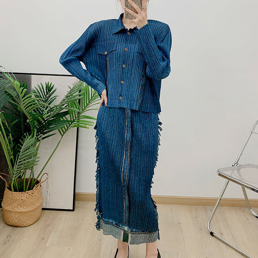 Autumn new fashionable denim suit women's long sleeved lapel top+high waisted pleated tassel skirt
