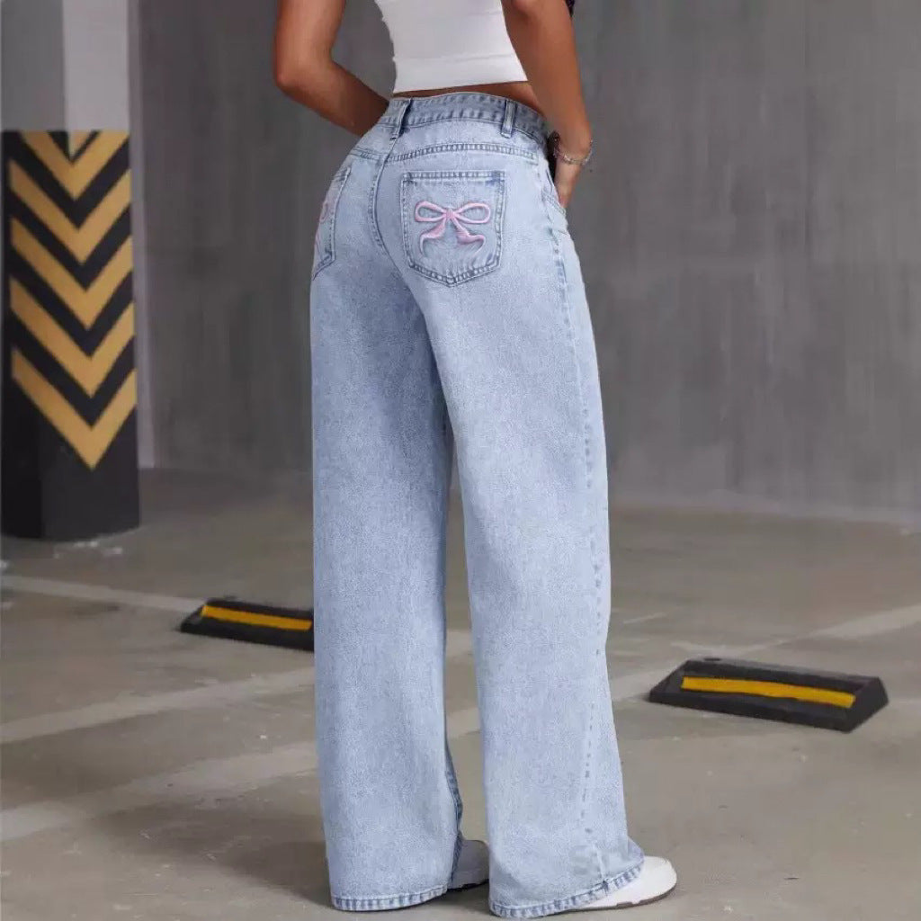 Jean Femme Taille Haute – Coupe Large & Détail Nœud Dos