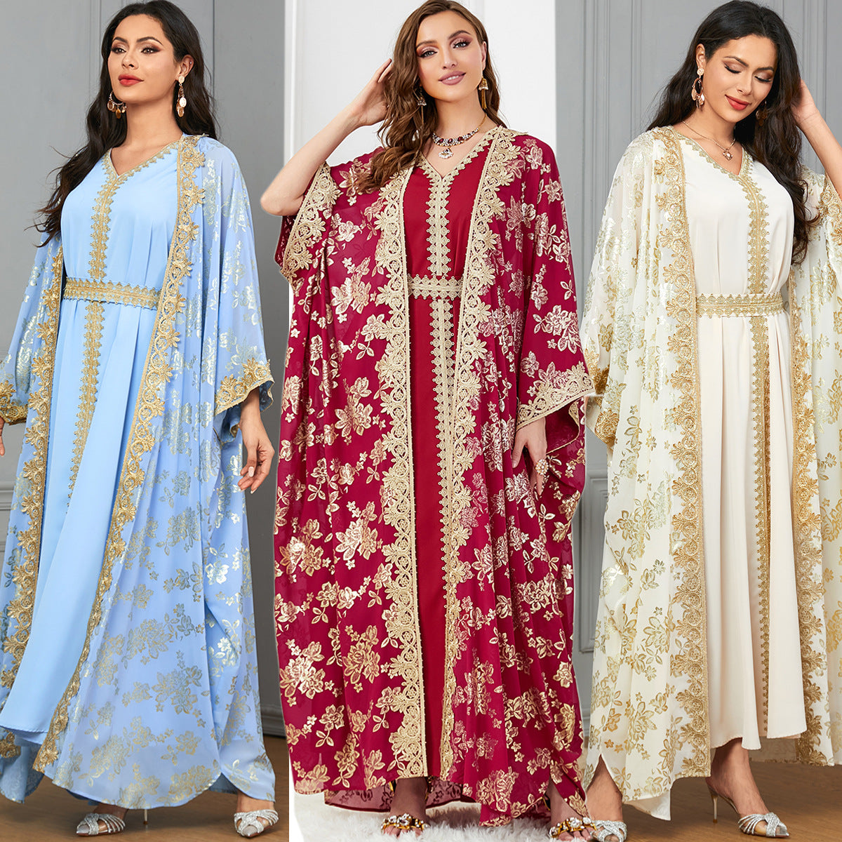 Robe Caftan Orientale Luxe – Broderies Dorées & Ceinture Élégante