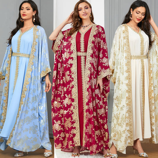 Robe Caftan Orientale Luxe – Broderies Dorées & Ceinture Élégante