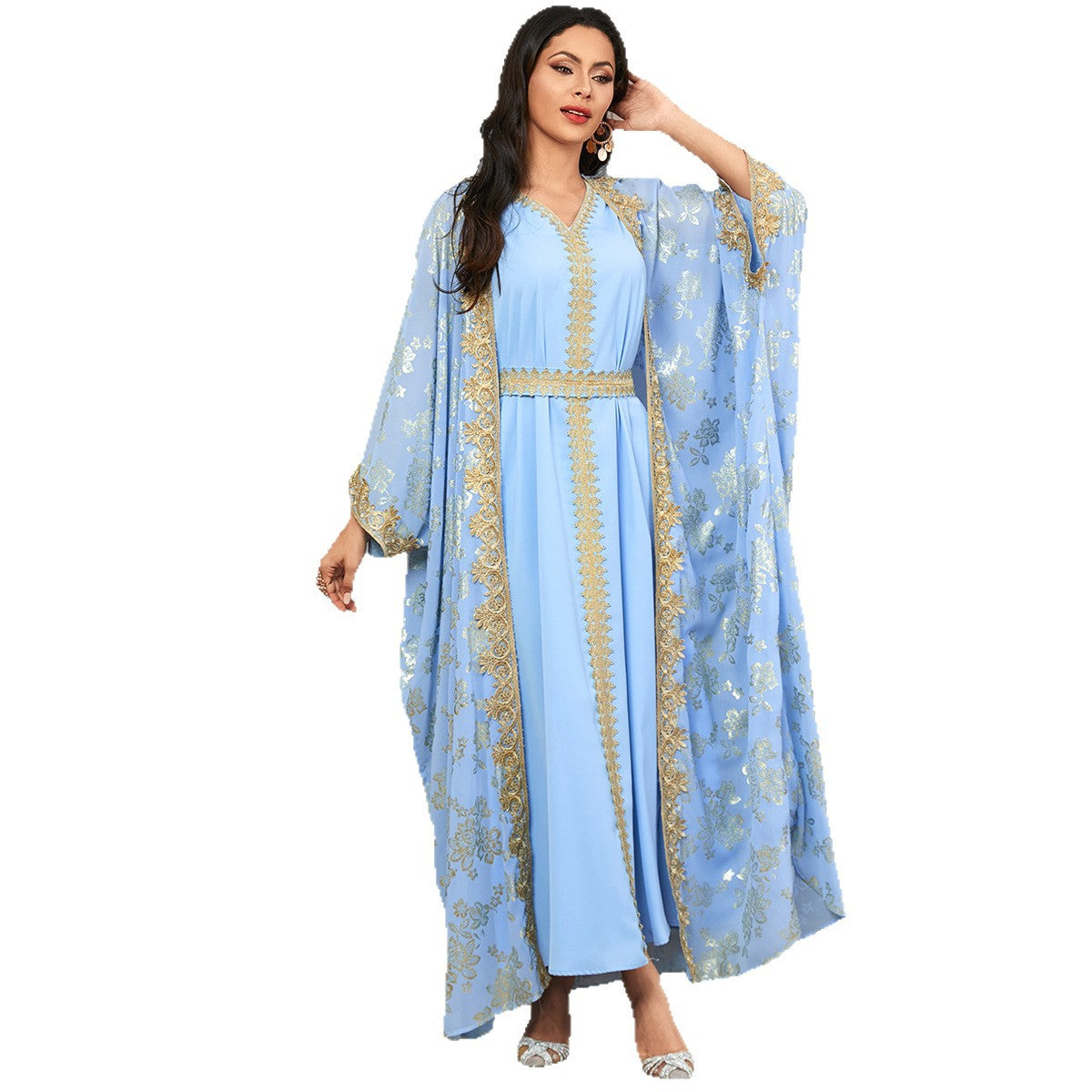 Robe Caftan Orientale Luxe – Broderies Dorées & Ceinture Élégante