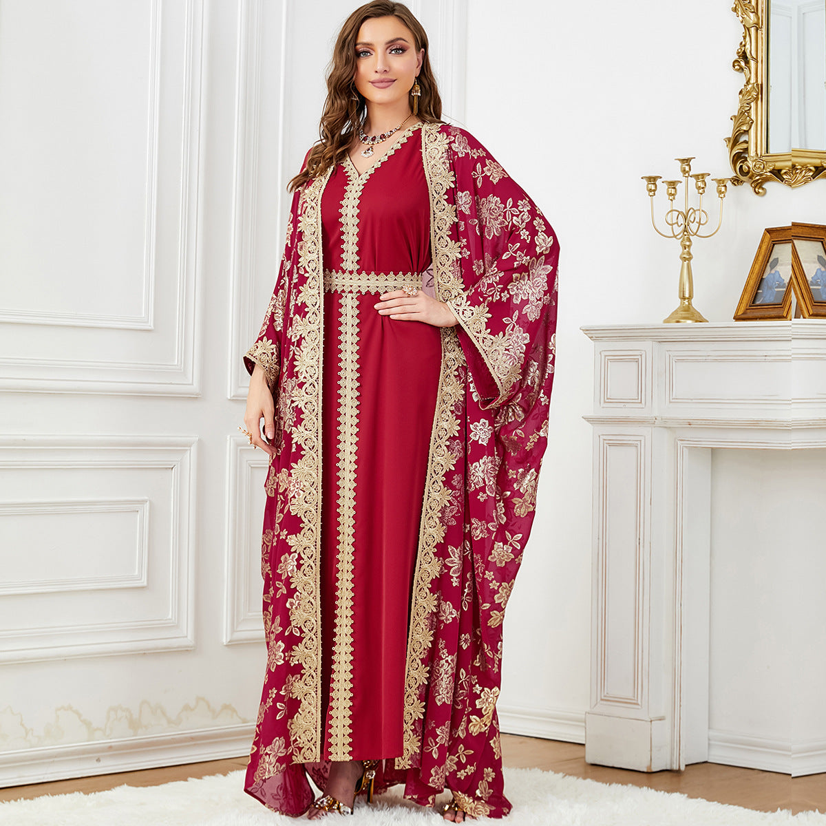 Robe Caftan Orientale Luxe – Broderies Dorées & Ceinture Élégante