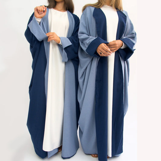 Abaya Bicolore Élégante – Bleu Marine & Bleu Ciel