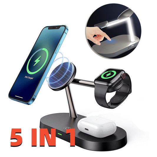 ⚡ Chargeur Sans Fil Magnétique 5 en 1 – iPhone | Apple Watch | AirPods | Lampe LED