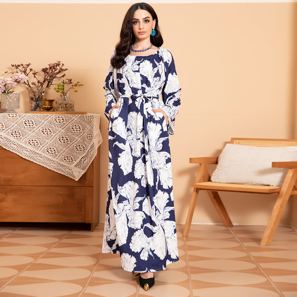 Robe Longue Fleurie Chic - Manches Évasées & Ceinture Contrastante | Printemps 2025