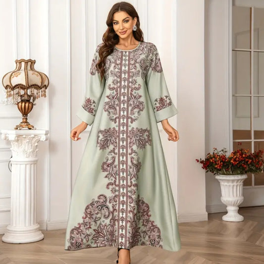 Robe Longue Orientale Femme – Style Arabe Élégant avec Motifs Imprimés – Tenue Chic et Traditionnelle